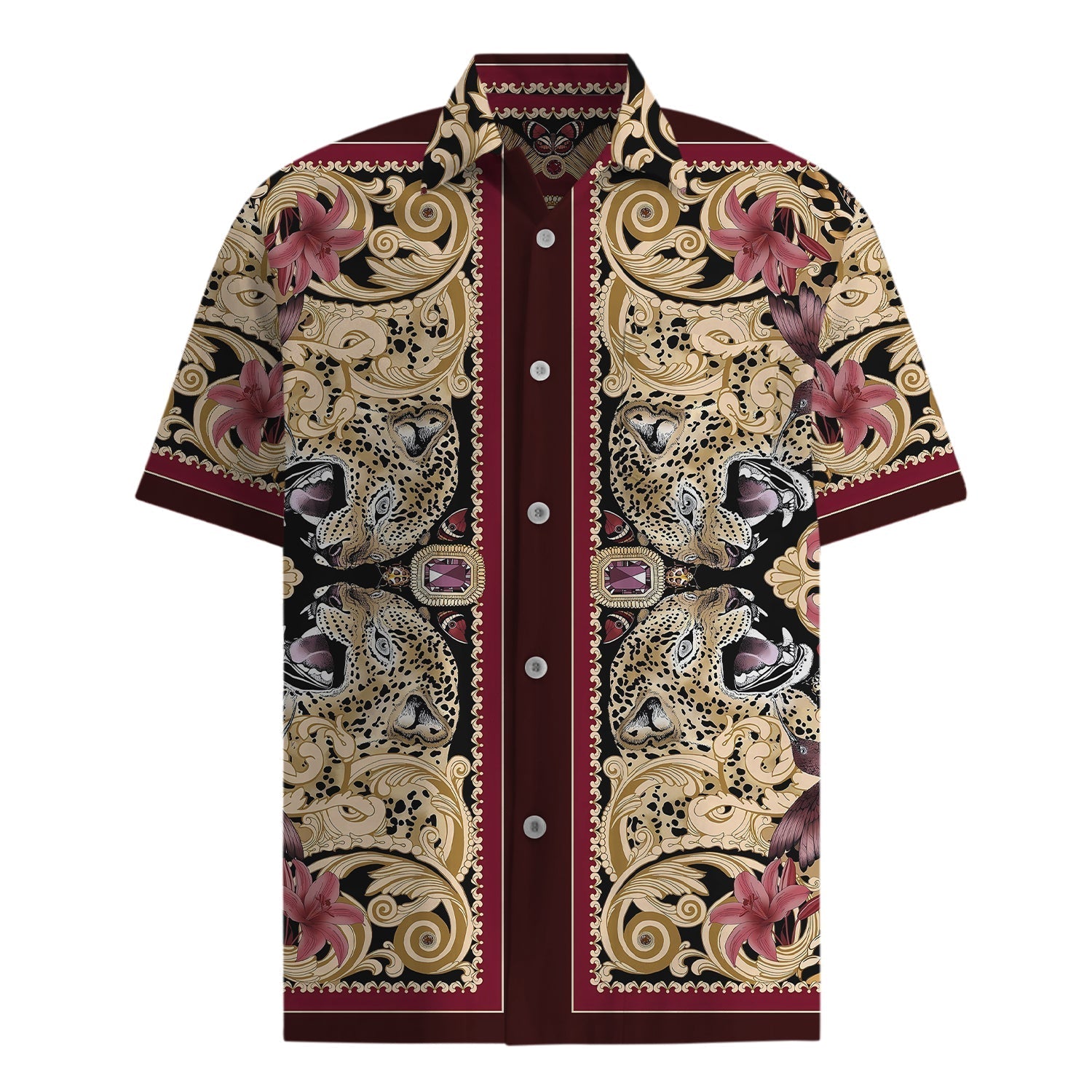 Nature Print Short Sleeve Shirt with Leopard Print Accents Jonvidesign