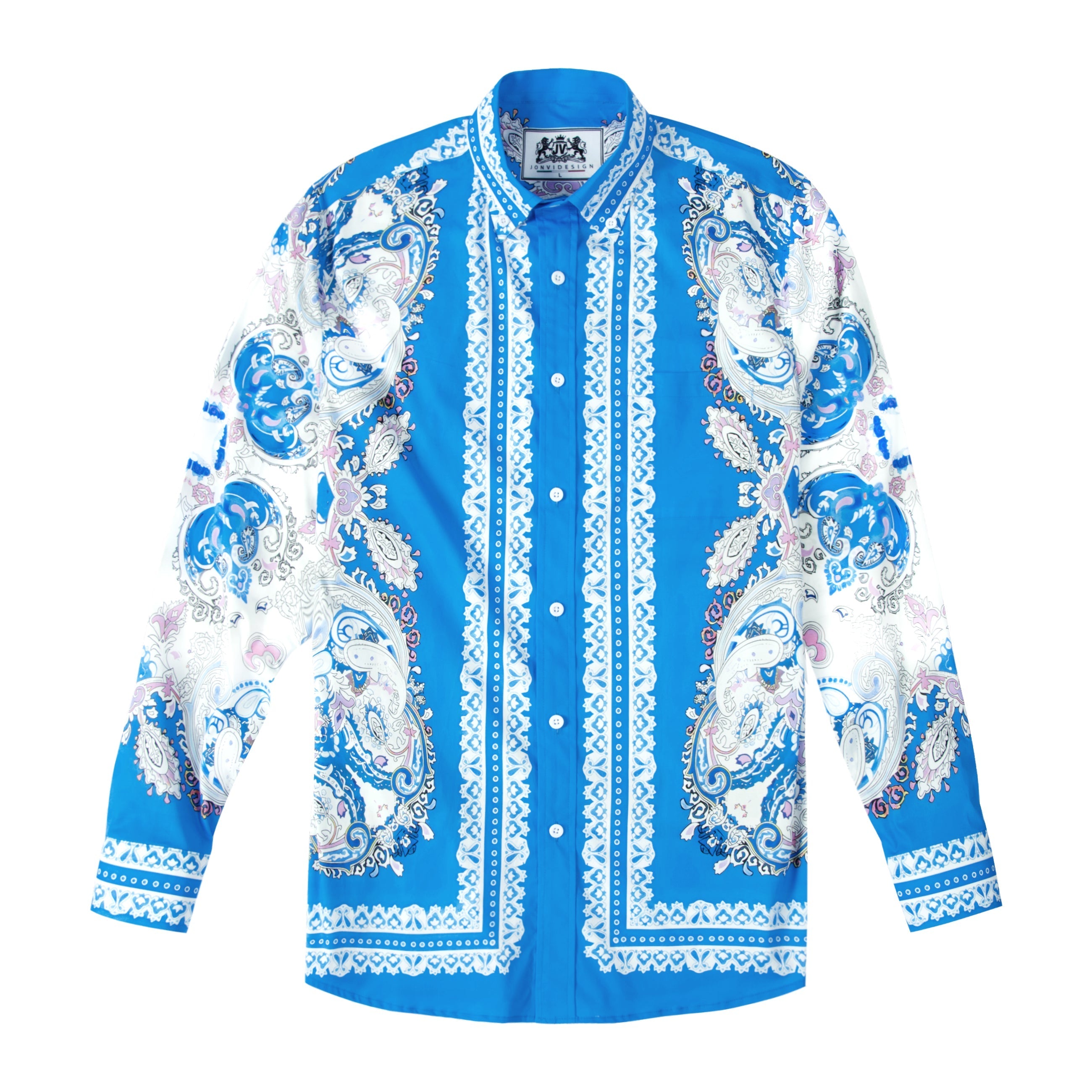 Paisley Pattern Long Sleeve Button Down Shirt in Blue Jonvidesign
