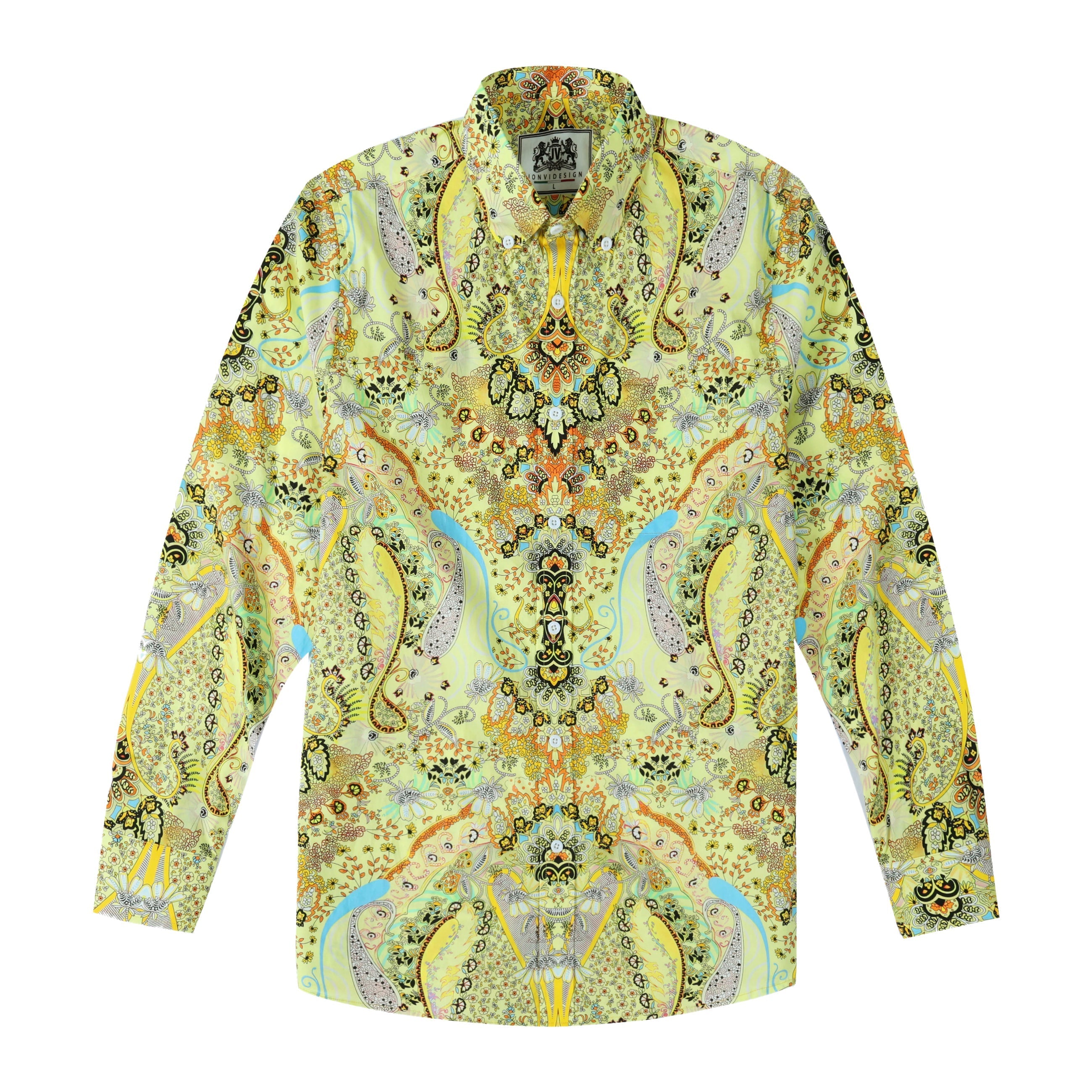 Paisley Pattern Long Sleeve Button Down Shirt in Yellow Jonvidesign