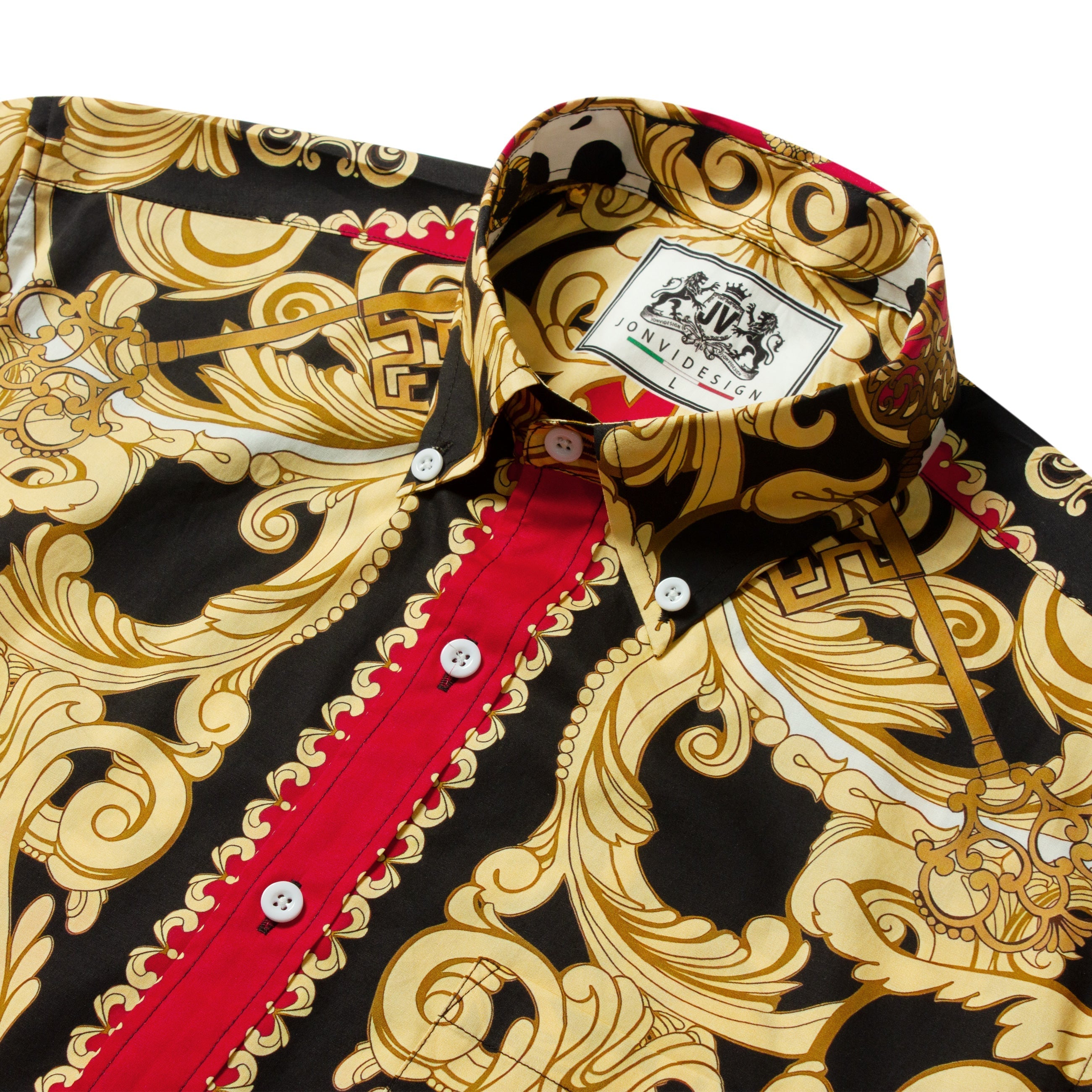 Red Baroque Pattern Long Sleeve Button Down Casual Shirt Jonvidesign