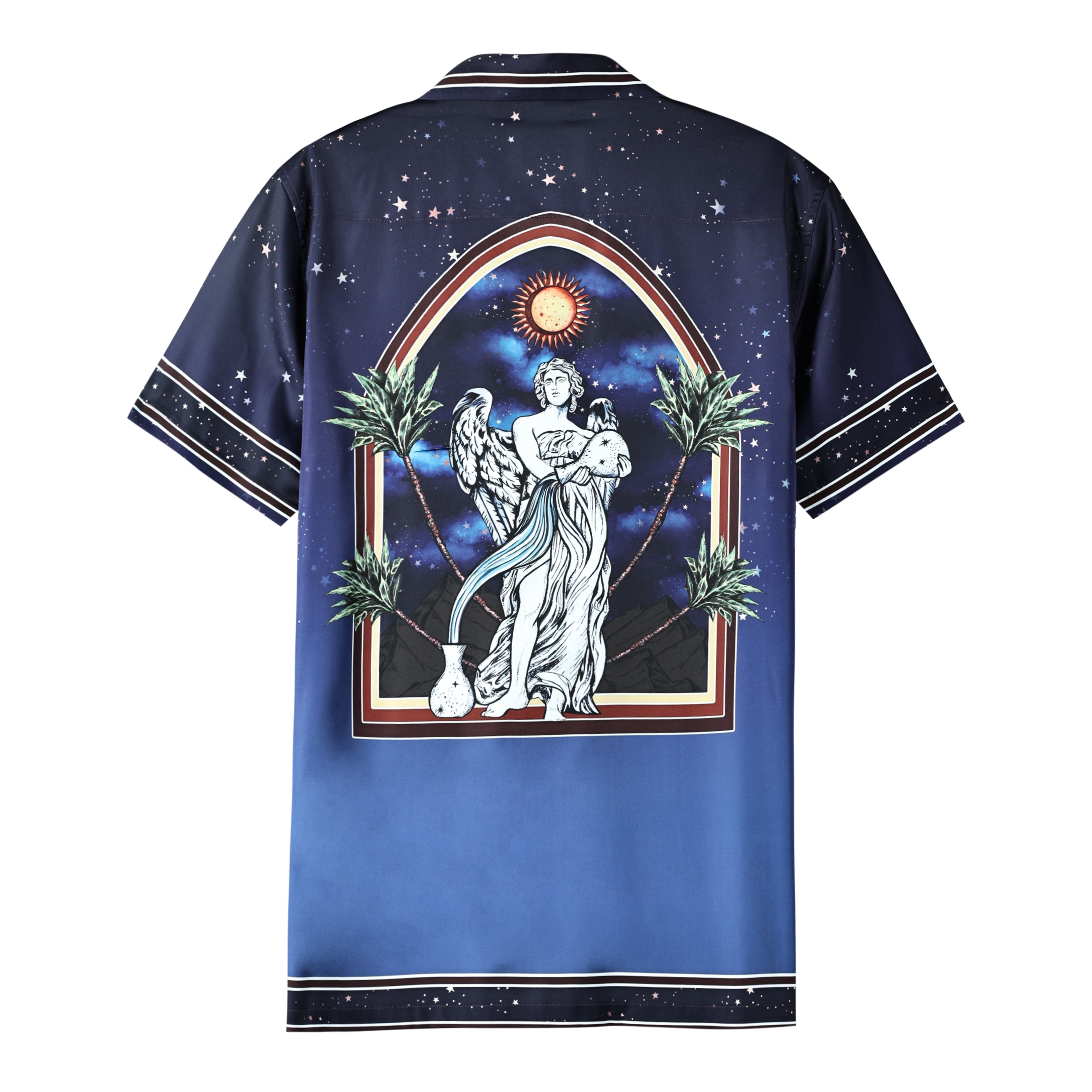 Statue Starry Night Palm Tree Short Sleeve Camp Collar Shirt Jonvidesign