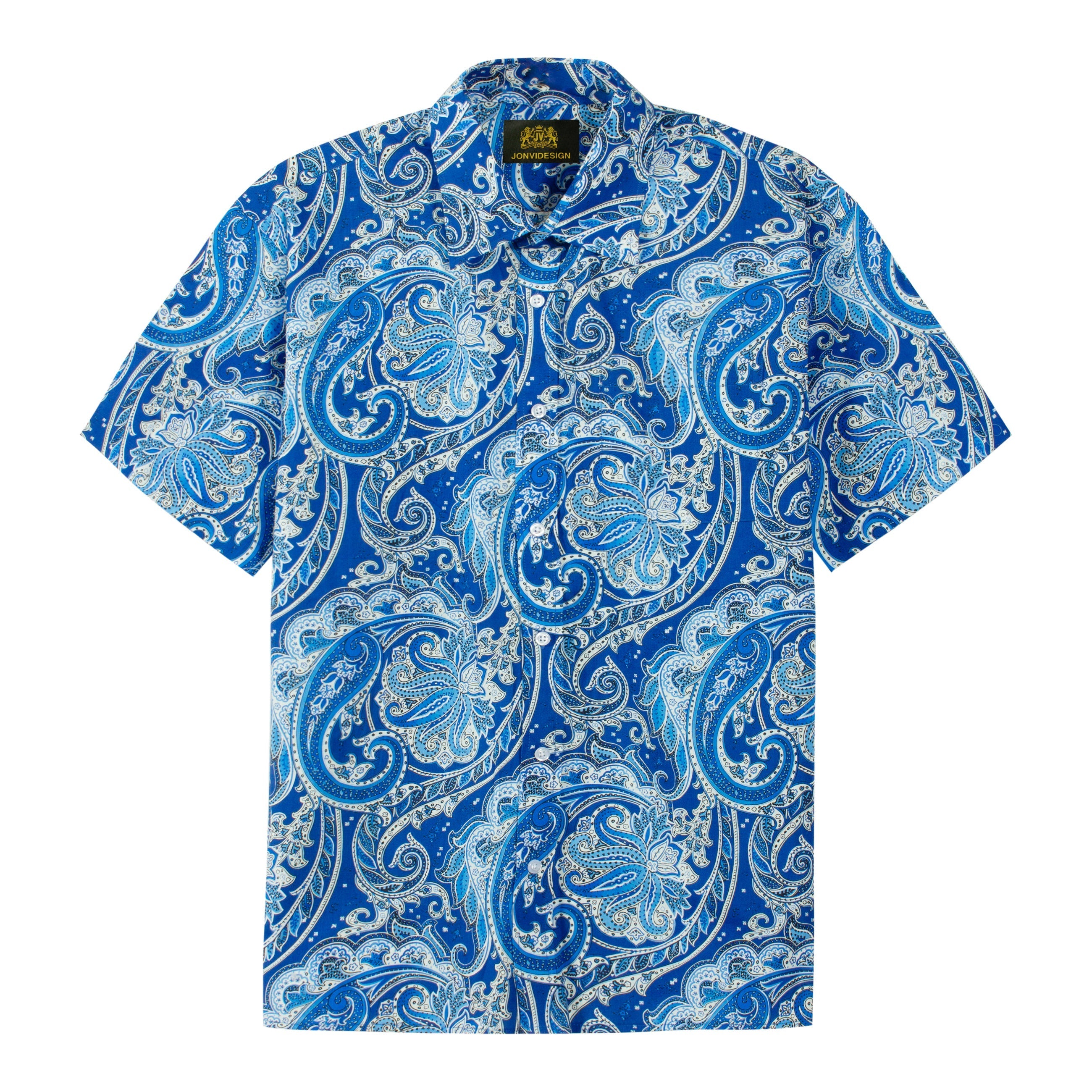 Tropical Paisley Pattern Short Sleeve Casual Shirt in Blue Jonvidesign