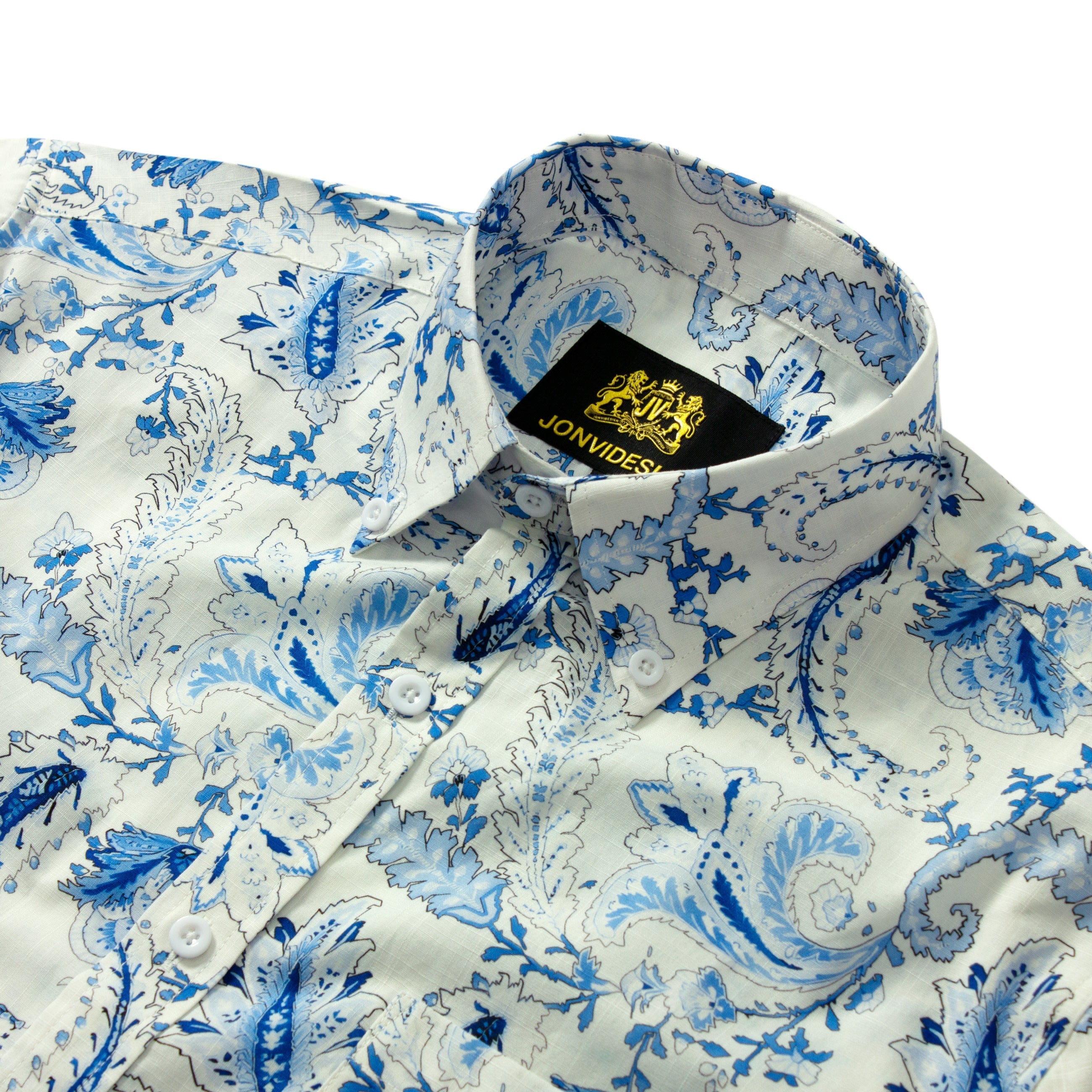 Tropical Paisley Print Short Sleeve Dress Shirt in Blue Jonvidesign