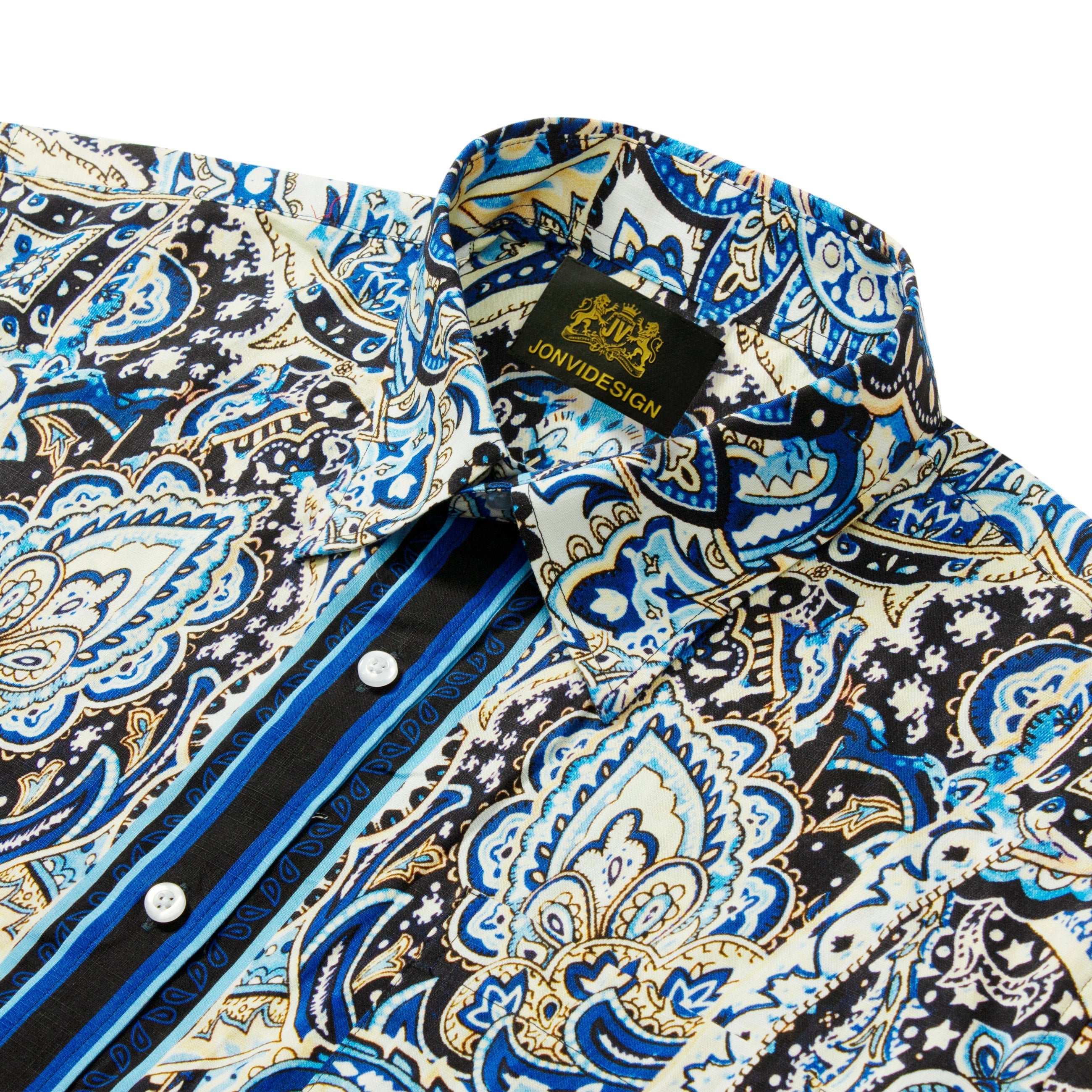 Vintage Paisley Pattern Short Sleeve Camp Shirt in Deep Blue Jonvidesign
