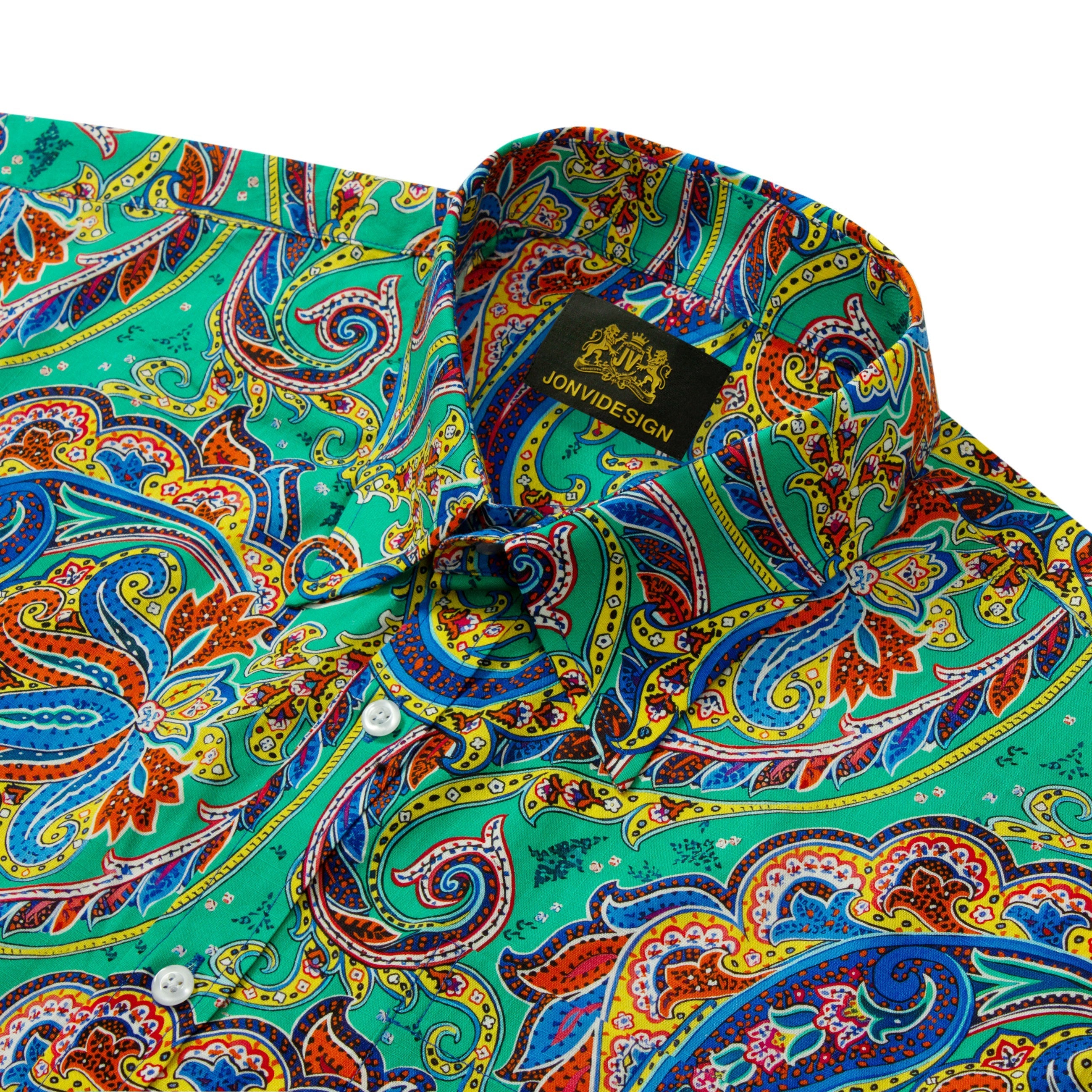 Vintage Paisley Pattern Short Sleeve Camp Shirt in Green Jonvidesign