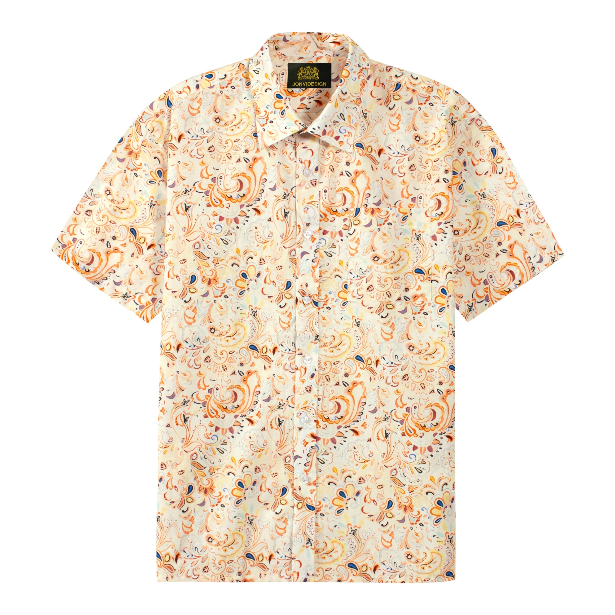 Vintage Paisley Pattern Short Sleeve Camp Shirt in Orange Jonvidesign