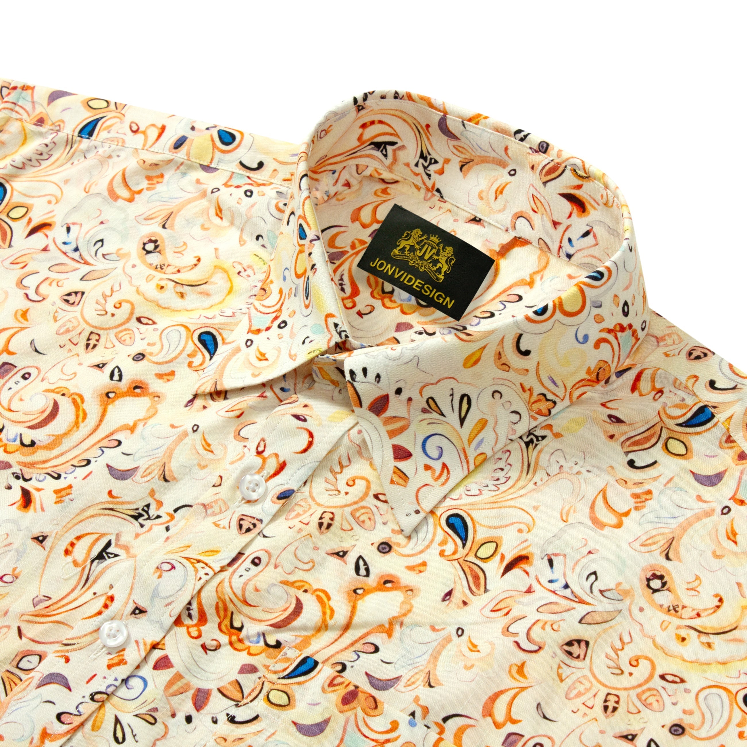 Vintage Paisley Pattern Short Sleeve Camp Shirt in Orange Jonvidesign