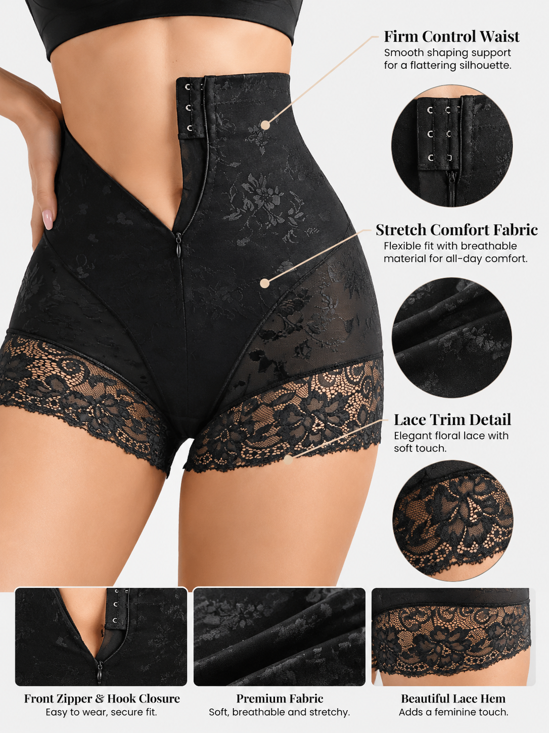 Lace High Waist Zippered Tummy Control Shapewear