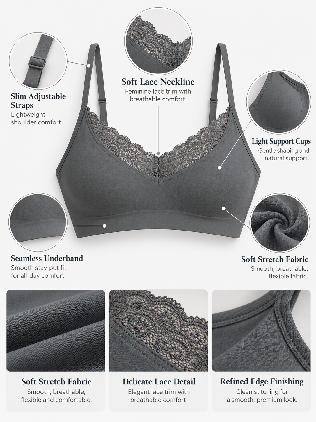 Solid Color Patchwork Lace Bandeau Strap Bra