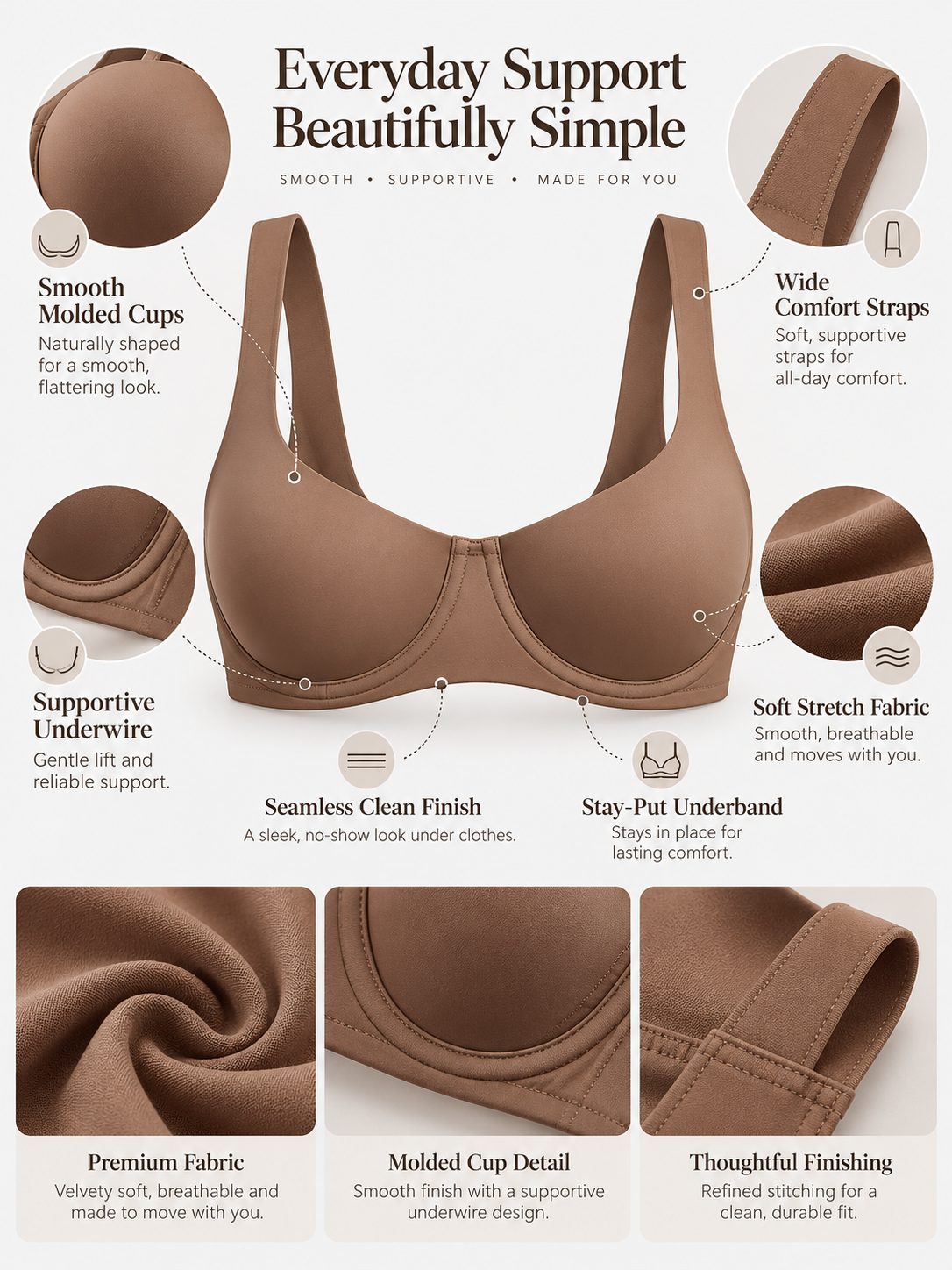 Underwire Support Seamless Unlined Balconette Bra