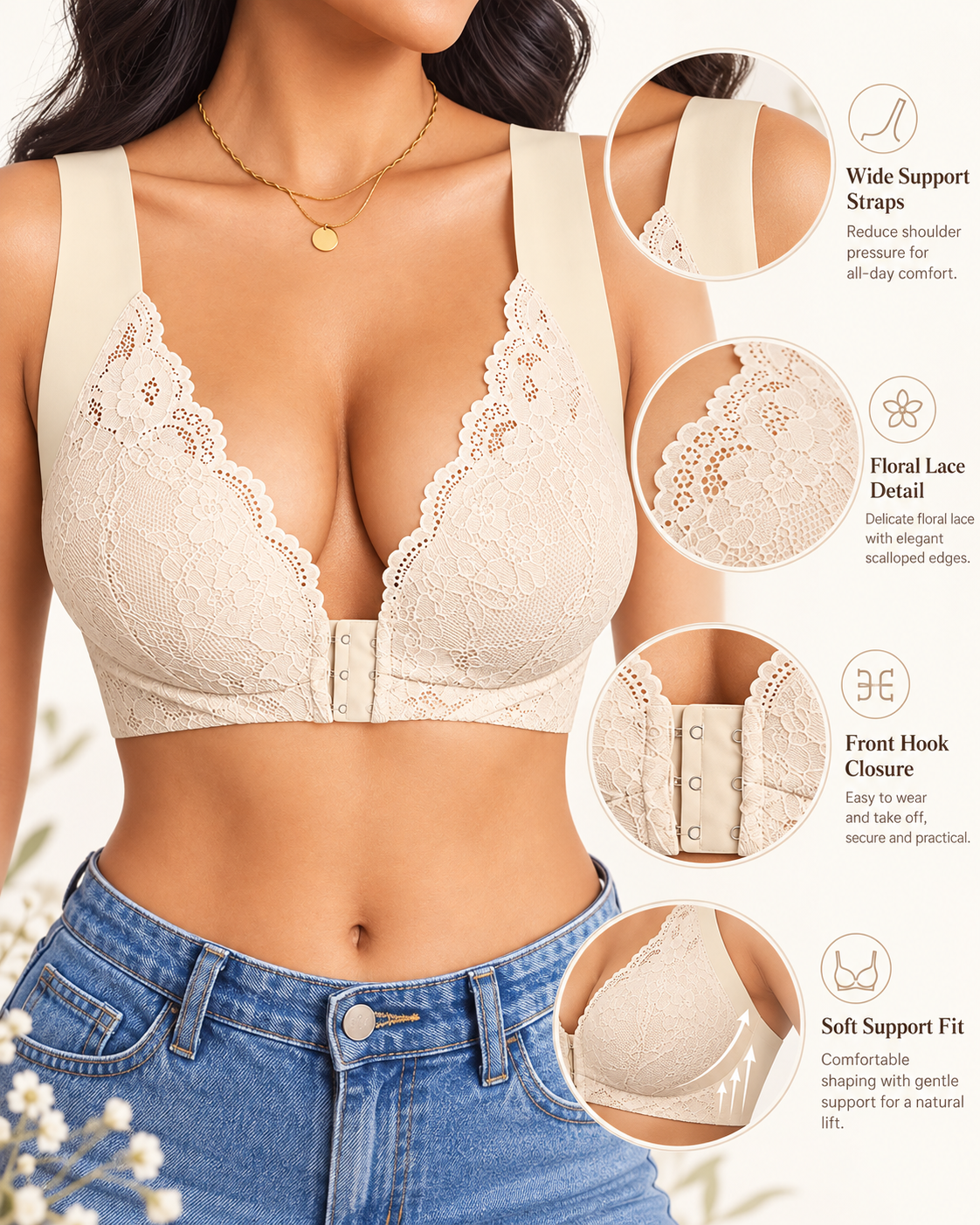 Women's Contrast Lace Hook & Eye Front Pushup Bra