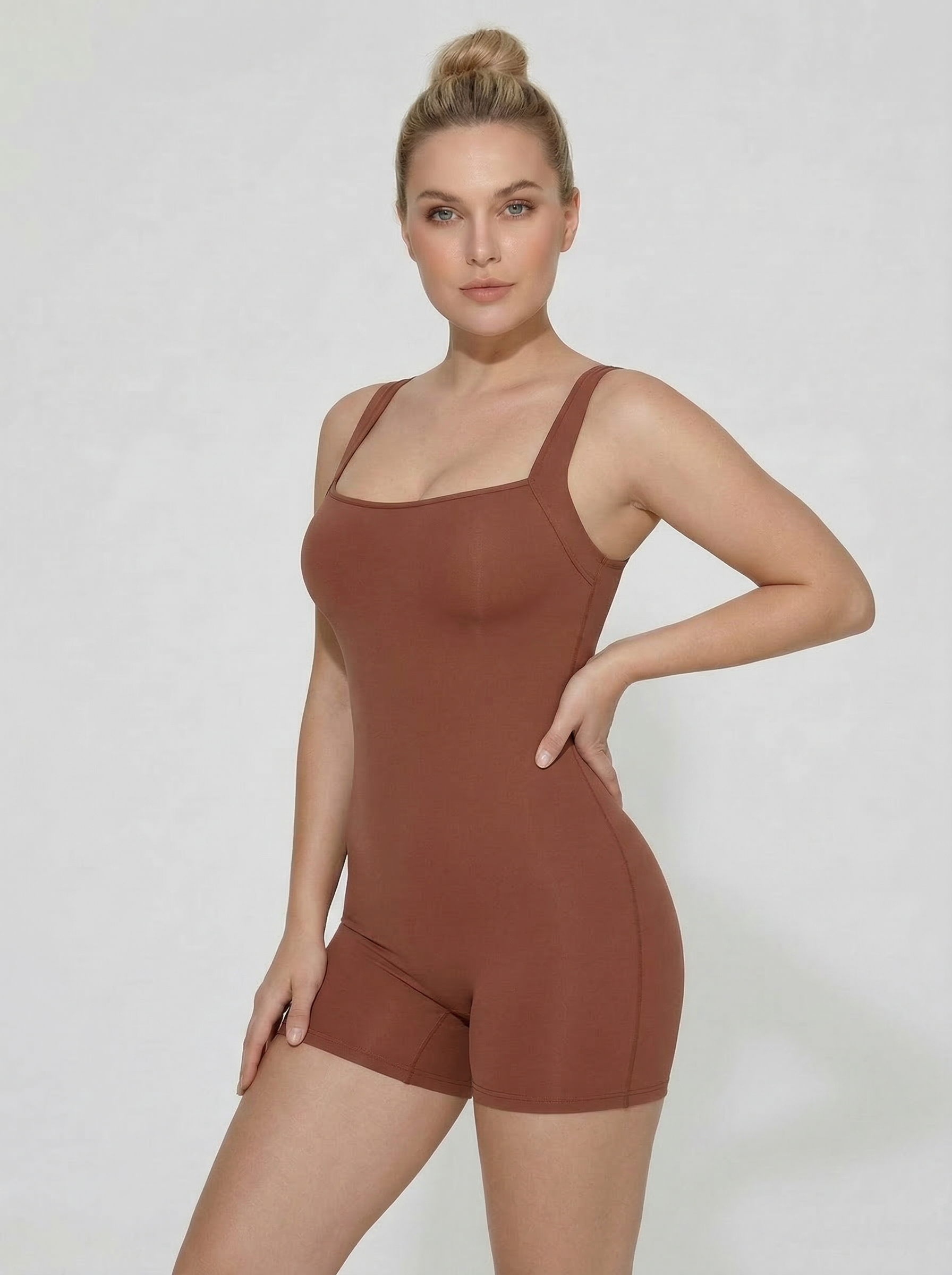 Solid Color Square Collar Hip Lifting Tummy Tuck Jumpsuit