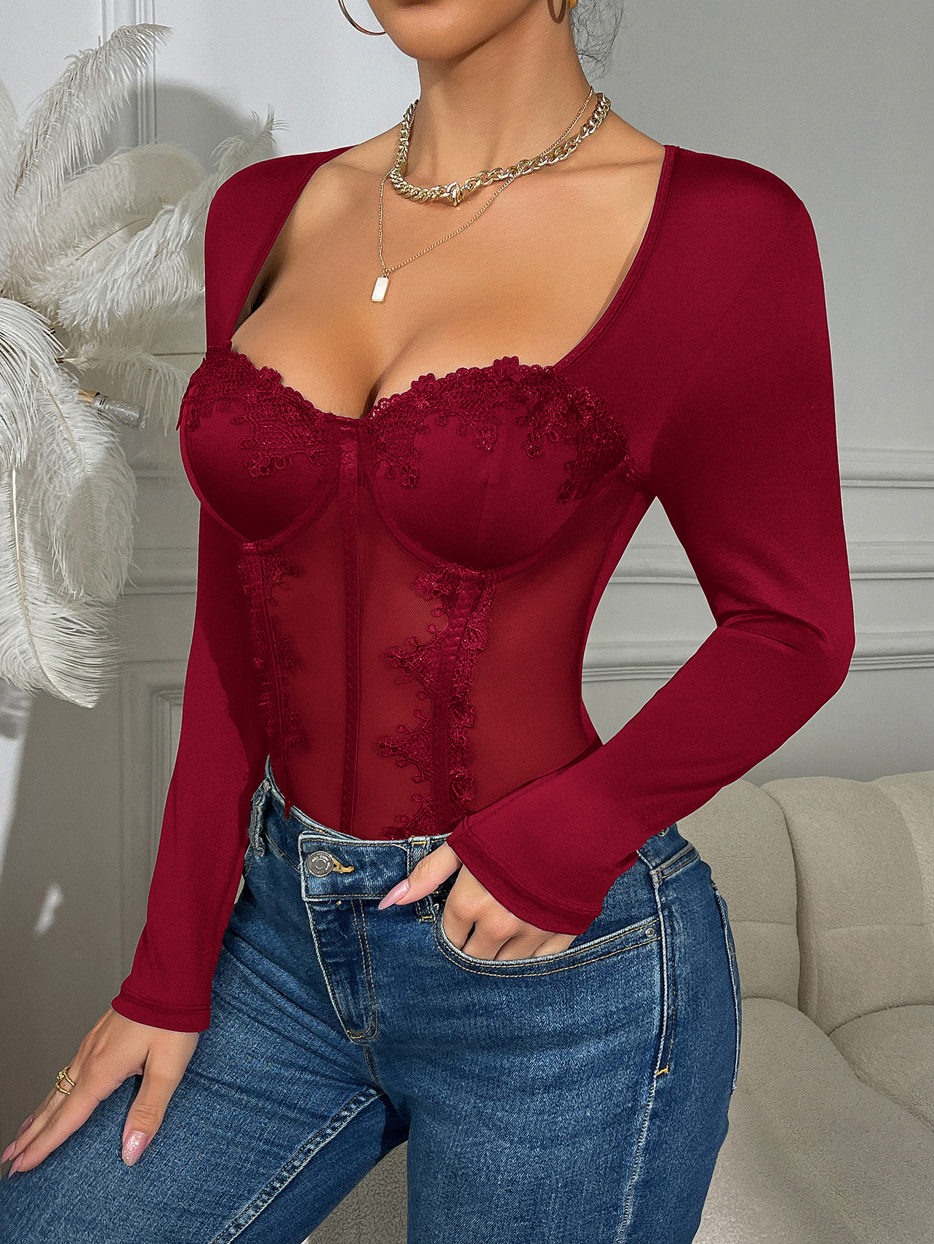 Sheer Long-sleeve Lace-panel Bodysuit Lingerie