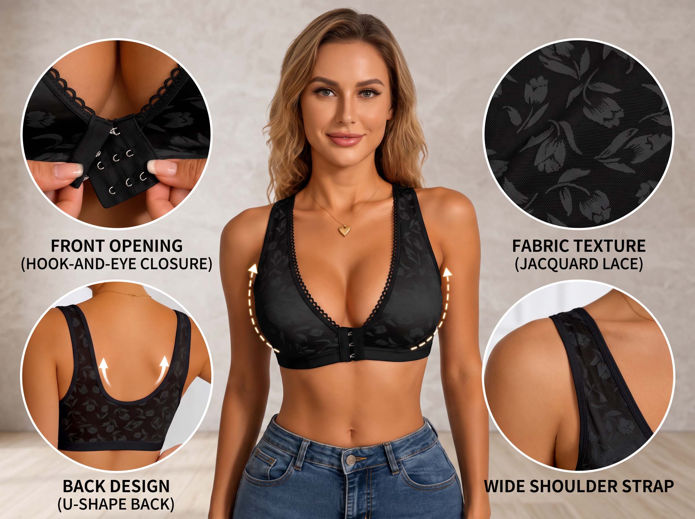 Floral Lace Front Closure Bra