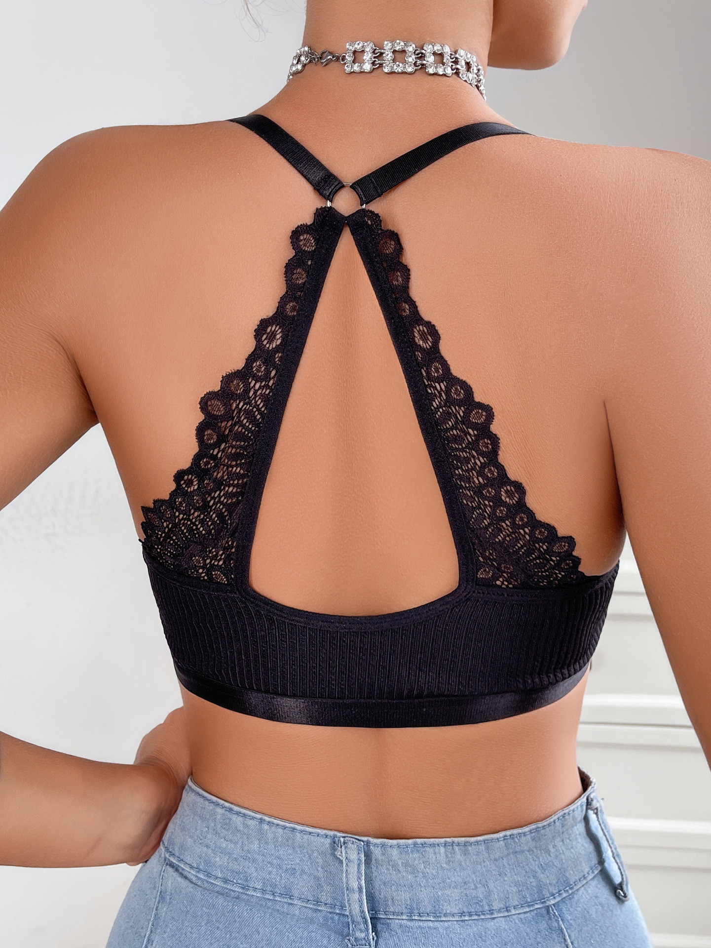 Vest-style Backless Lace Trim Adjustable Push-up Women's Bra