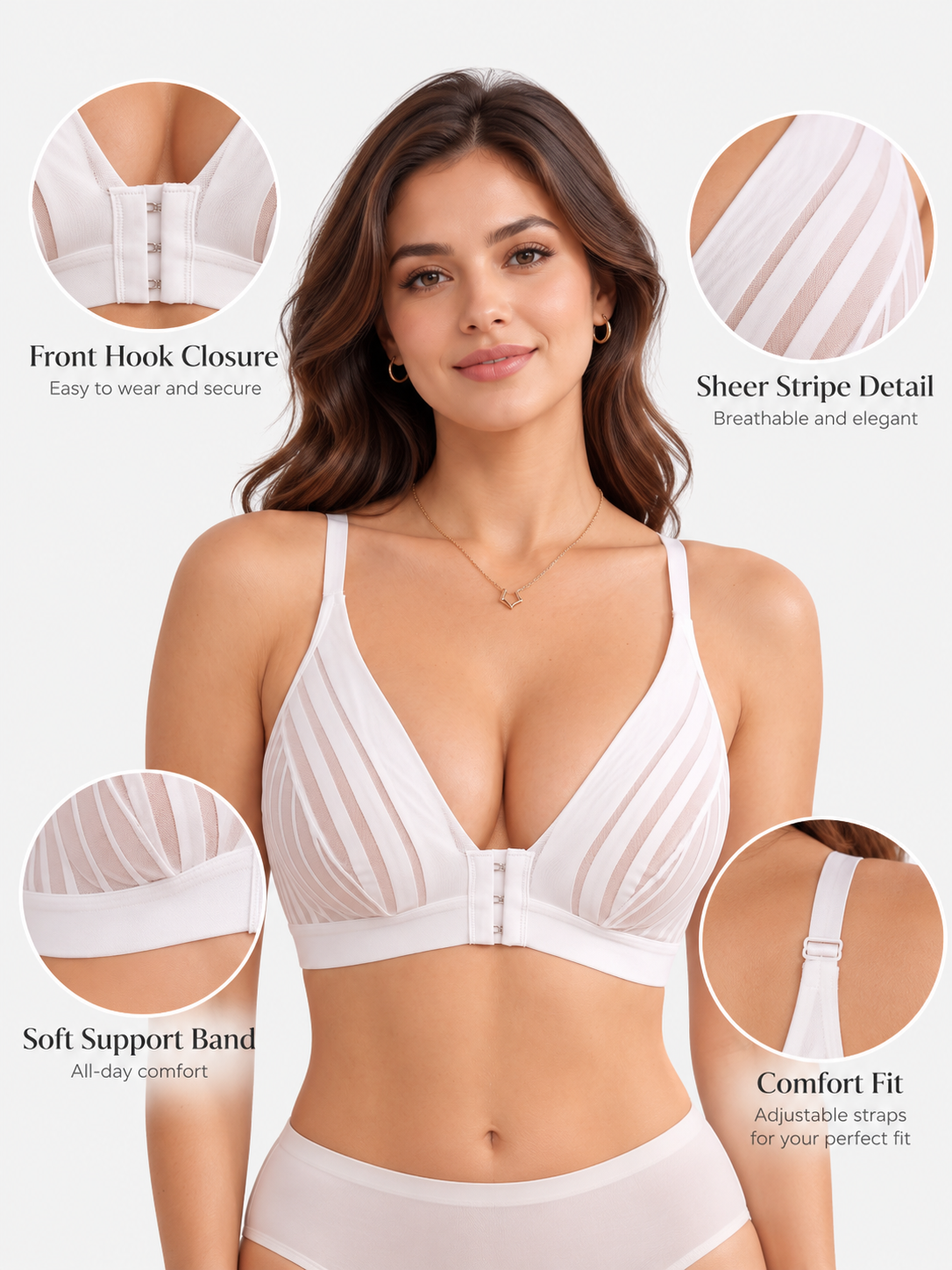 Striped Mesh Panel Non-padded Wireless Front-fastening Bra
