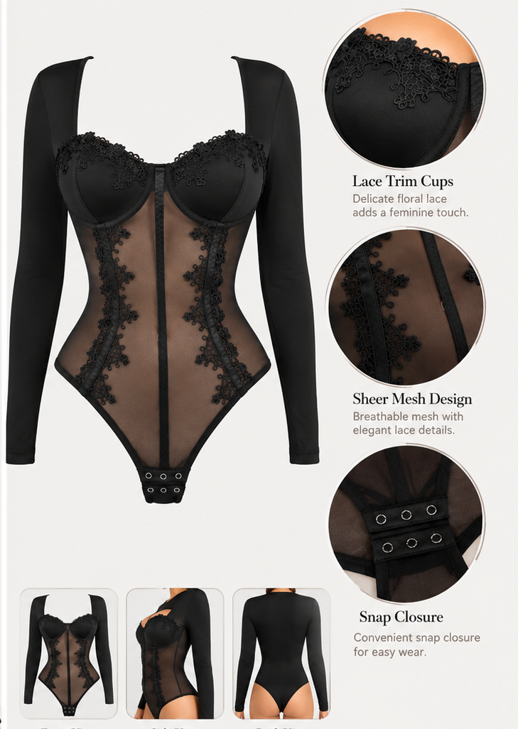 Sheer Long-sleeve Lace-panel Bodysuit Lingerie