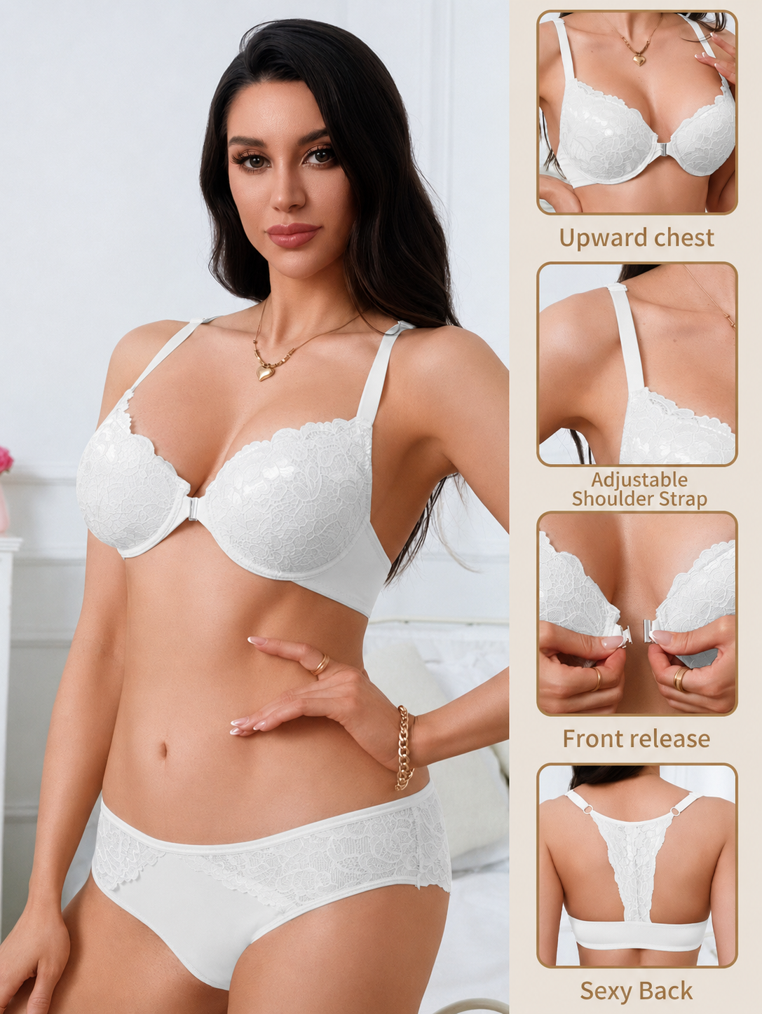 Front Closure Lace Racerback Push‑Up Bra