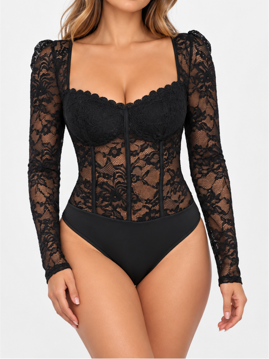 Women's Square Neck Long Sleeve Lace Trim Panel Bodysuit