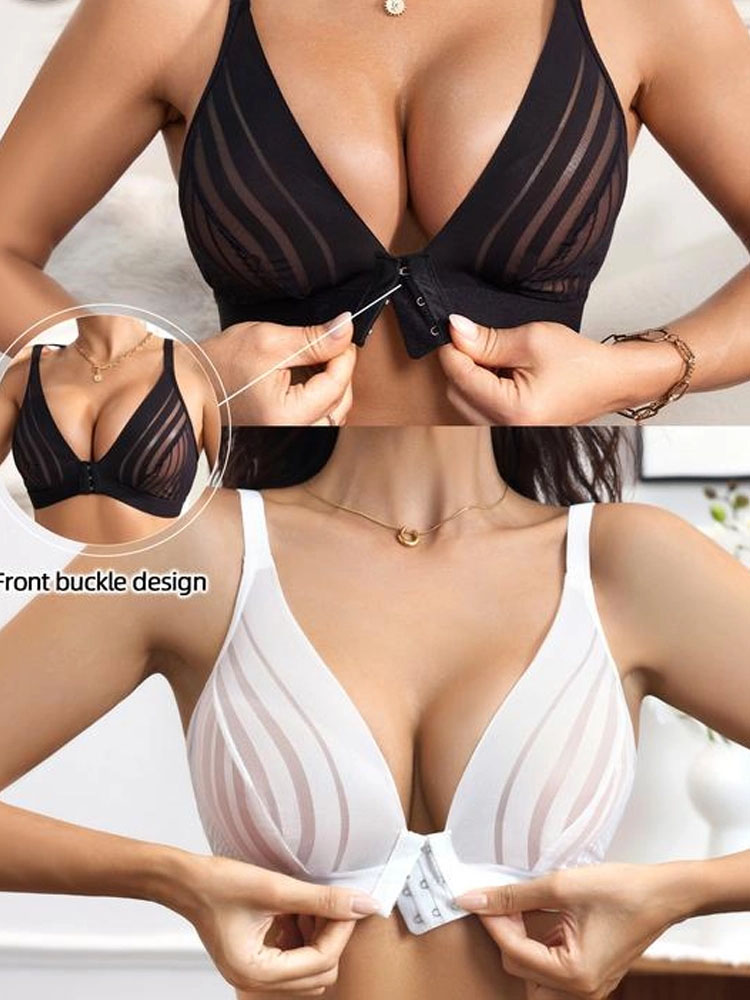 Sexy Striped Mesh Panel Non-padded Wireless Front-fastening Women's Bra