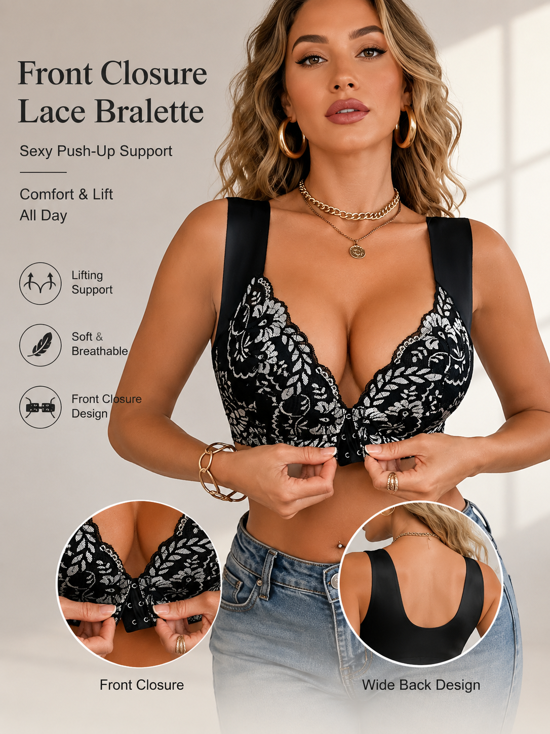 Lace-trimmed Front Clasp Push-up Vest-style Bra