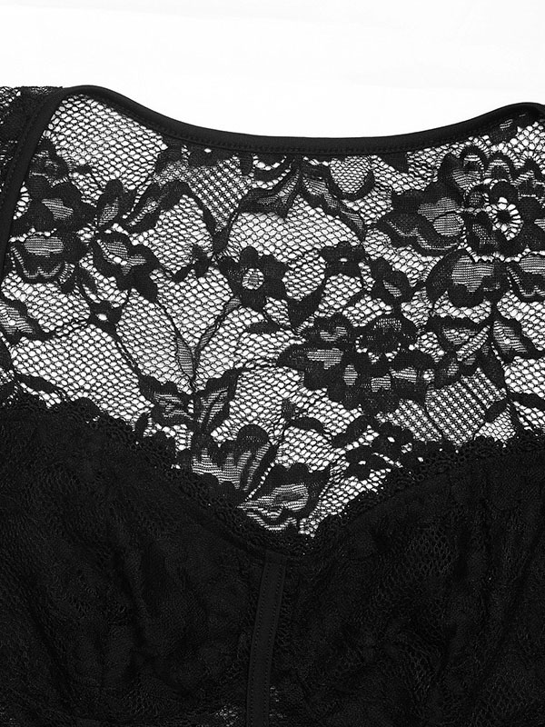 Women's Square Neck Long Sleeve Lace Trim Panel Bodysuit