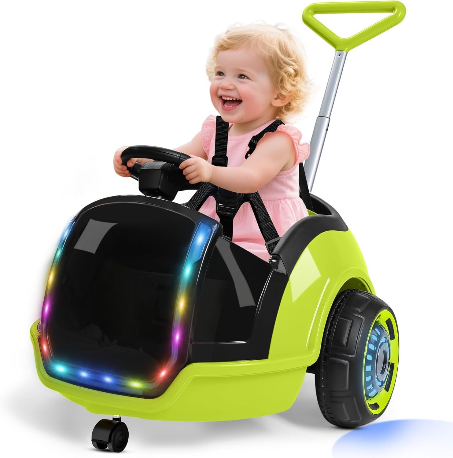  3-in-1 Electric Push Ride On Car, 12V Kids Ride On Toy w/Remote Control, 360° Spin, 5-Point Safety Belt, Colorful LED Light, Music Player, Push Car for Toddler Ages 1-3 (Pink)