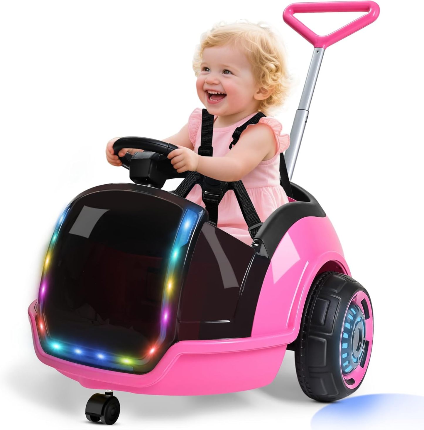  3-in-1 Electric Push Ride On Car, 12V Kids Ride On Toy w/Remote Control, 360° Spin, 5-Point Safety Belt, Colorful LED Light, Music Player, Push Car for Toddler Ages 1-3 (Pink)