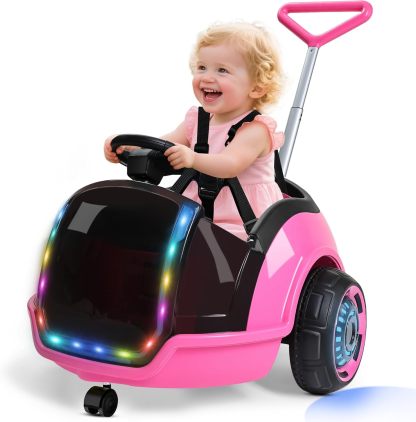 3-in-1 Electric Push Ride On Car, 12V Kids Ride On Toy w/Remote Control, 360° Spin, 5-Point Safety Belt, Colorful LED Light, Music Player, Push Car for Toddler Ages 1-3 (Pink)