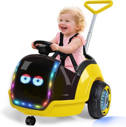  3-in-1 Electric Push Ride On Car, 12V Kids Ride On Toy w/Remote Control, 360° Spin, 5-Point Safety Belt, Colorful LED Light, Music Player, Push Car for Toddler Ages 1-3 (Pink)