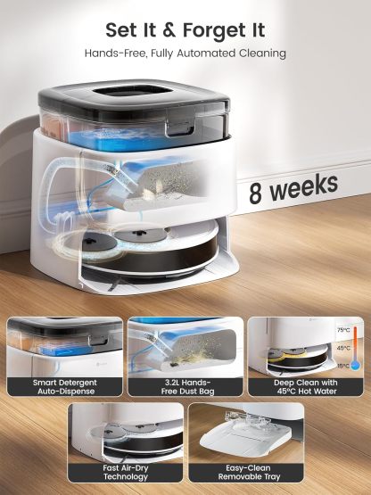 Robot Vacuum Cleaner with Wiping Function, 12000 Pa Suction Power, Automatic Dust Emptying, LiDAR Navigation, Carpet Detection, Freemove 3.0 App & Voice Control, 8 Weeks Hands-Free
