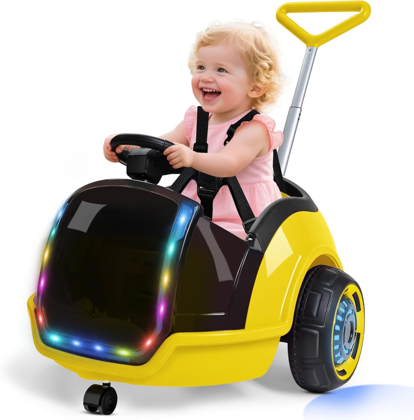 3-in-1 Electric Push Ride On Car, 12V Kids Ride On Toy w/Remote Control, 360° Spin, 5-Point Safety Belt, Colorful LED Light, Music Player, Push Car for Toddler Ages 1-3 (Pink)