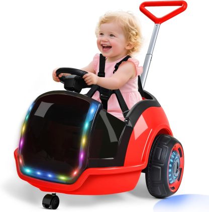  3-in-1 Electric Push Ride On Car, 12V Kids Ride On Toy w/Remote Control, 360° Spin, 5-Point Safety Belt, Colorful LED Light, Music Player, Push Car for Toddler Ages 1-3 (Pink)