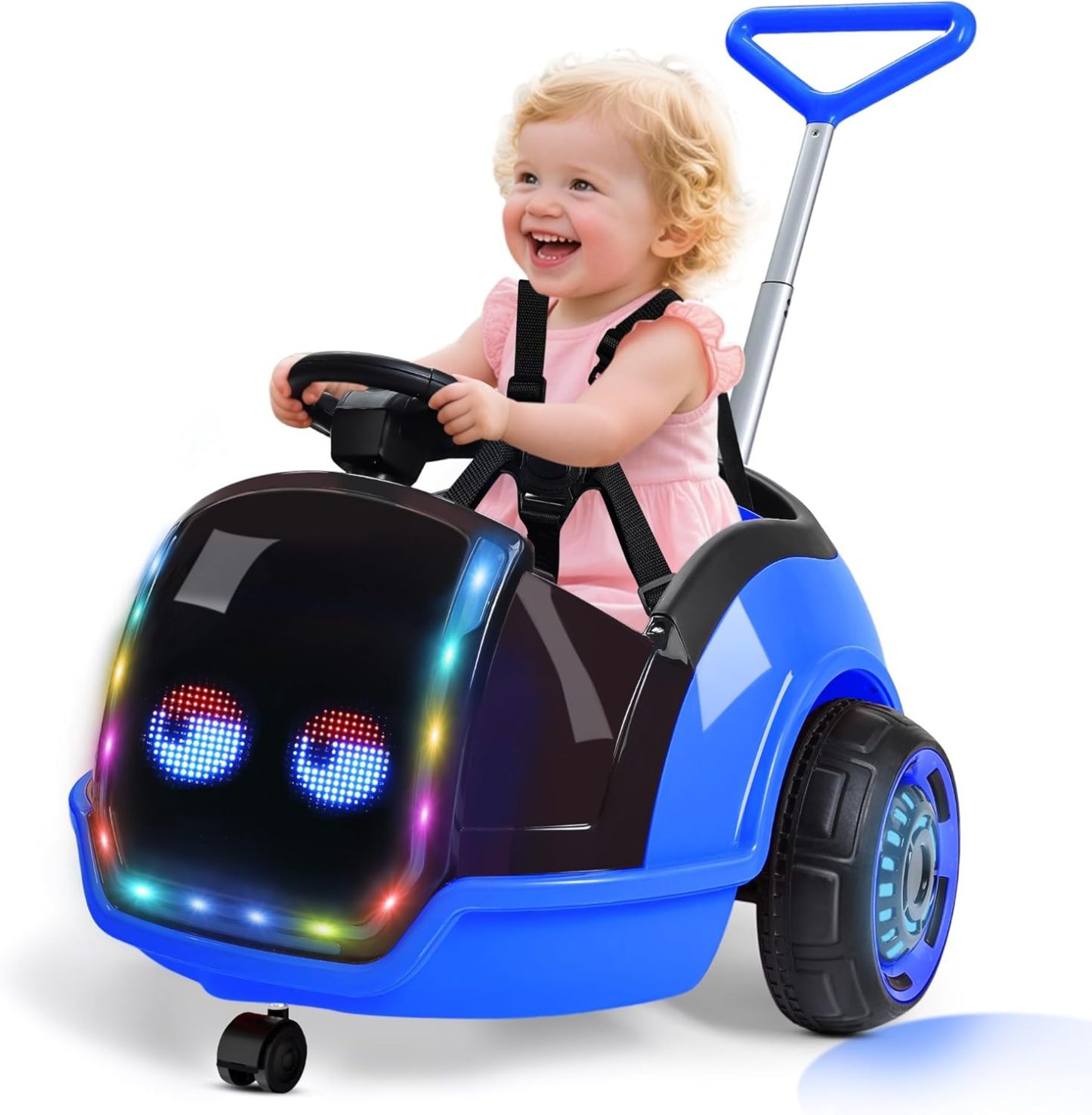  3-in-1 Electric Push Ride On Car, 12V Kids Ride On Toy w/Remote Control, 360° Spin, 5-Point Safety Belt, Colorful LED Light, Music Player, Push Car for Toddler Ages 1-3 (Pink)