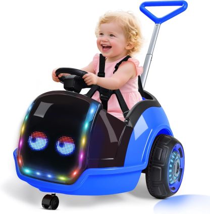  3-in-1 Electric Push Ride On Car, 12V Kids Ride On Toy w/Remote Control, 360° Spin, 5-Point Safety Belt, Colorful LED Light, Music Player, Push Car for Toddler Ages 1-3 (Pink)