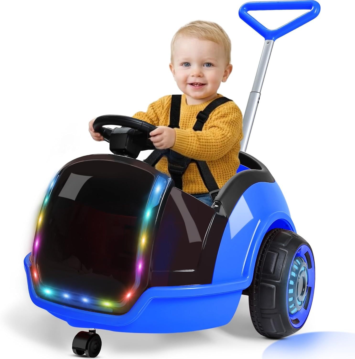  3-in-1 Electric Push Ride On Car, 12V Kids Ride On Toy w/Remote Control, 360° Spin, 5-Point Safety Belt, Colorful LED Light, Music Player, Push Car for Toddler Ages 1-3 (Pink)
