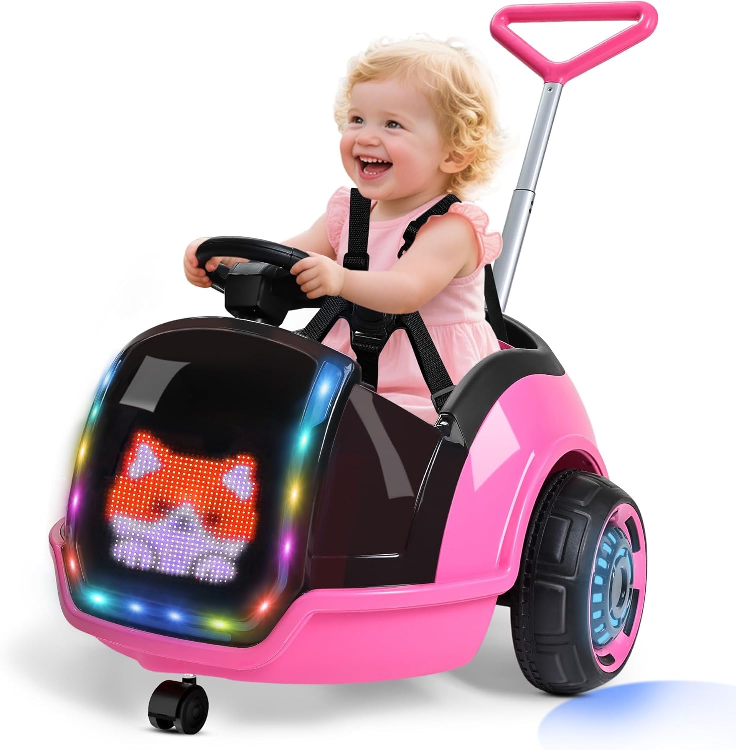 3-in-1 Electric Push Ride On Car, 12V Kids Ride On Toy w/Remote Control, 360° Spin, 5-Point Safety Belt, Colorful LED Light, Music Player, Push Car for Toddler Ages 1-3 (Pink)
