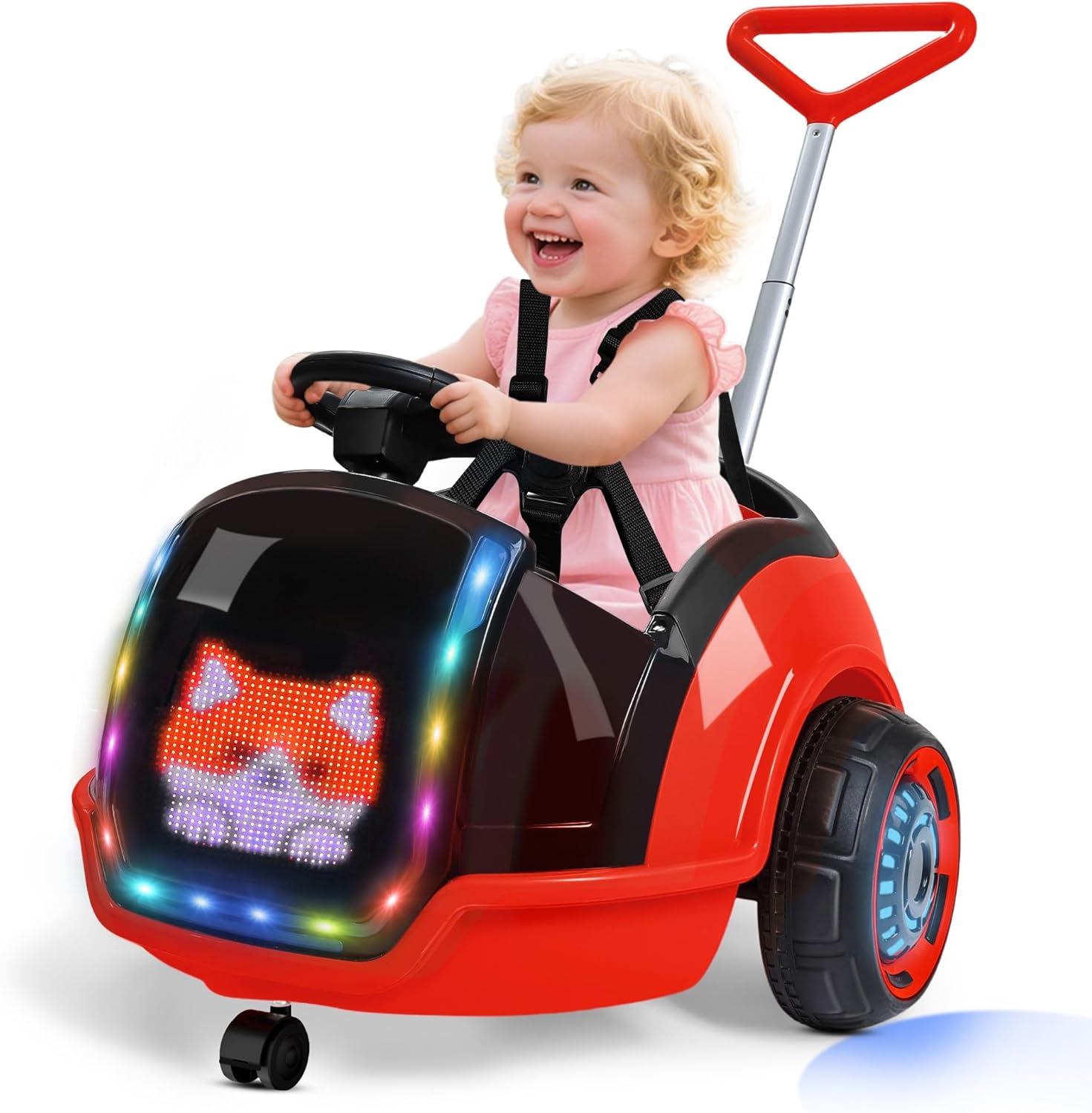 3-in-1 Electric Push Ride On Car, 12V Kids Ride On Toy w/Remote Control, 360° Spin, 5-Point Safety Belt, Colorful LED Light, Music Player, Push Car for Toddler Ages 1-3 (Pink)