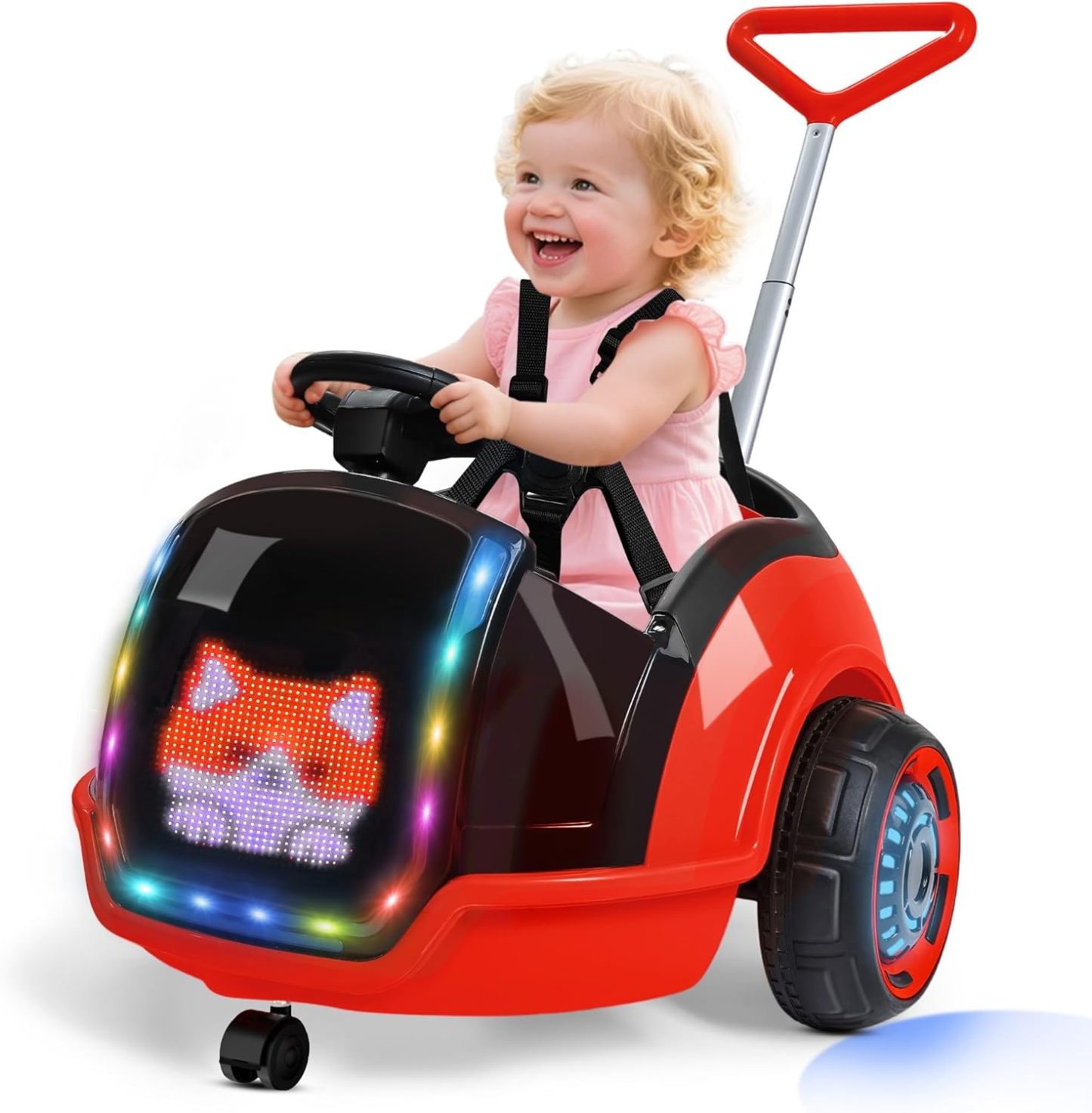  3-in-1 Electric Push Ride On Car, 12V Kids Ride On Toy w/Remote Control, 360° Spin, 5-Point Safety Belt, Colorful LED Light, Music Player, Push Car for Toddler Ages 1-3 (Pink)
