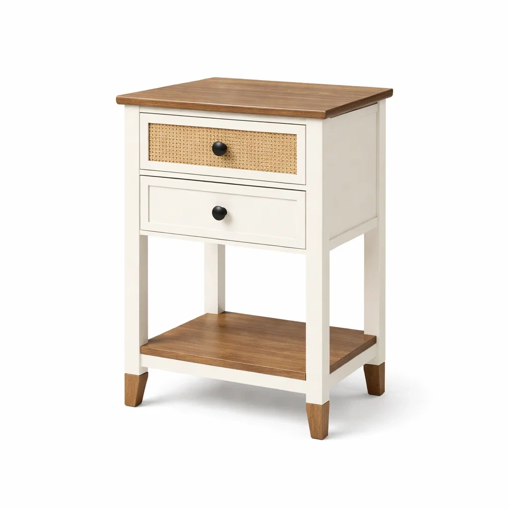 Comodino in Legno e Rattan con Cassetti e Mensola-NOOKLUXZ