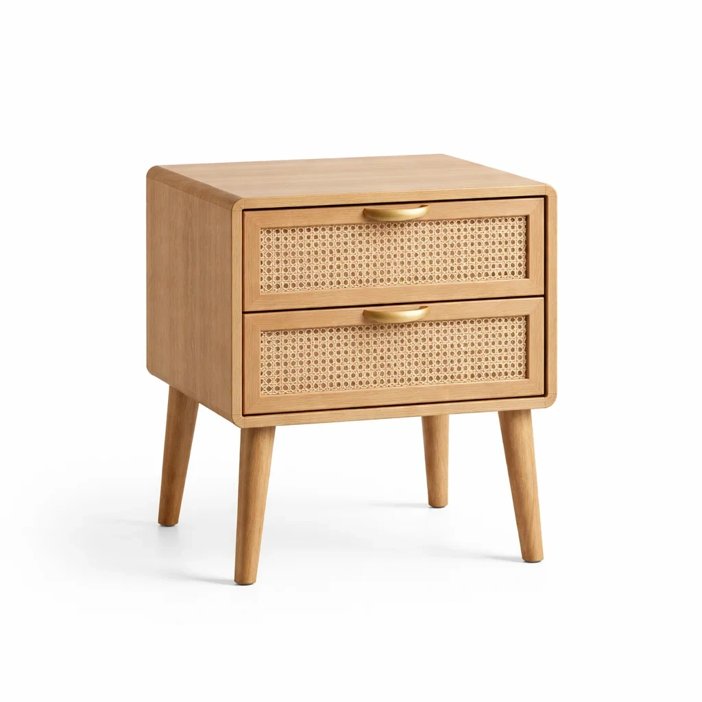 Comodino in Legno e Rattan con Cassetti-NOOKLUXZ