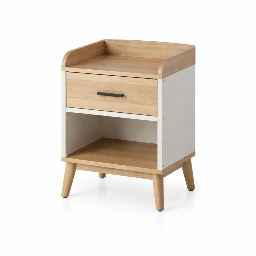 Comodino Rettangolare in Legno e Bianco con Cassetto-NOOKLUXZ