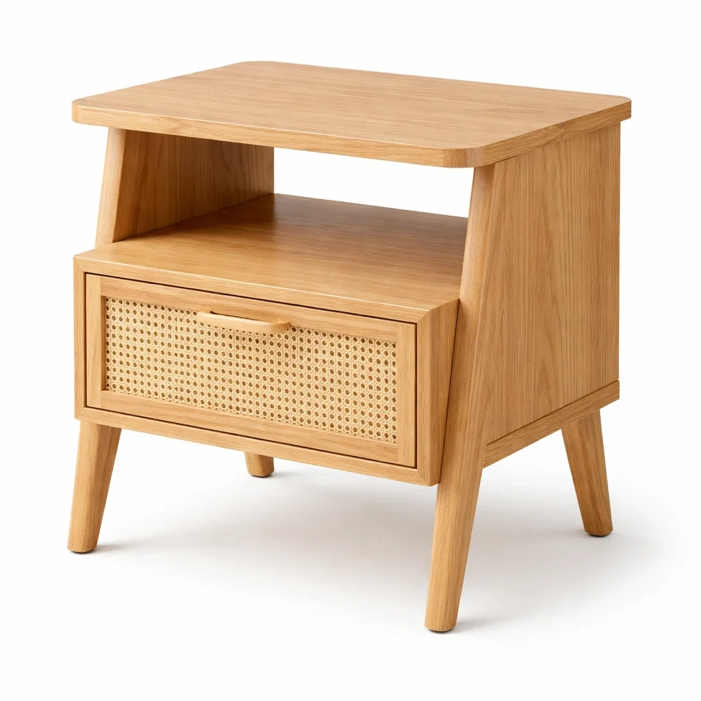 Comodino in Legno e Rattan-NOOKLUXZ