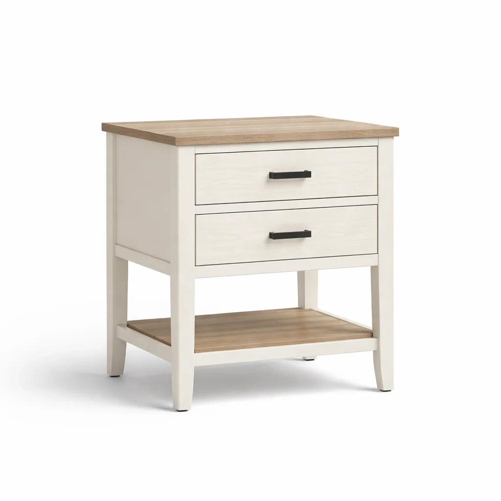 Comodino in MDF e Pino Massiccio Bianco e Rovere con Cassetti-NOOKLUXZ