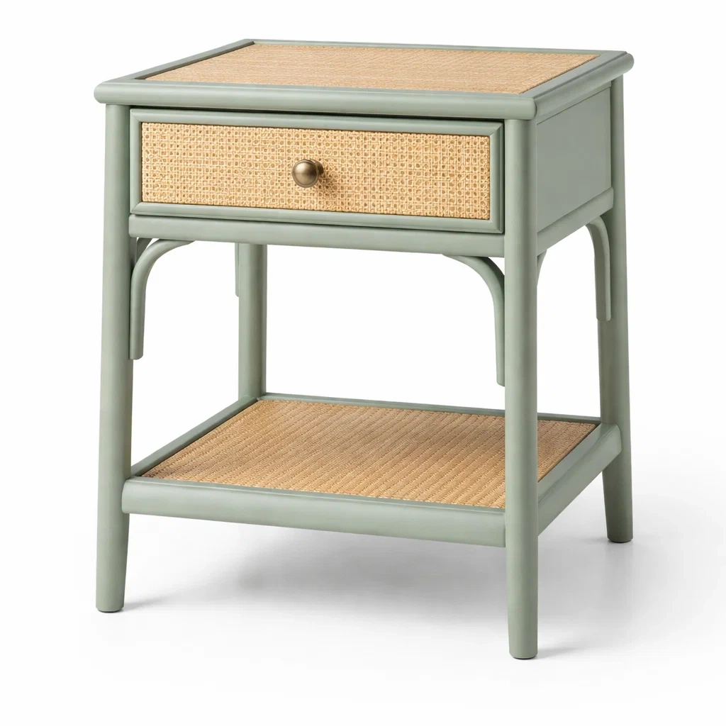 Comodino in Legno e Rattan Verde con Cassetto e Ripiano-NOOKLUXZ