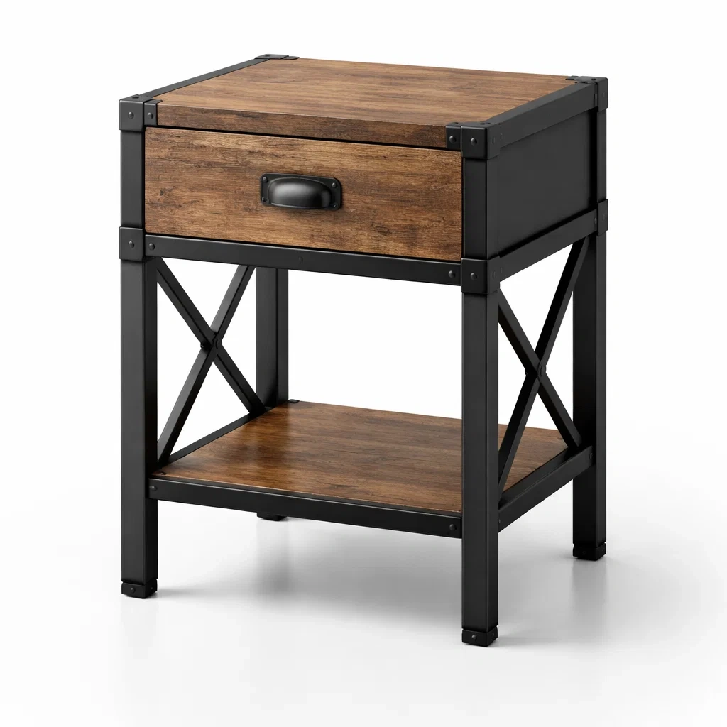 Comodino in Metallo e Legno con Cassetto-NOOKLUXZ