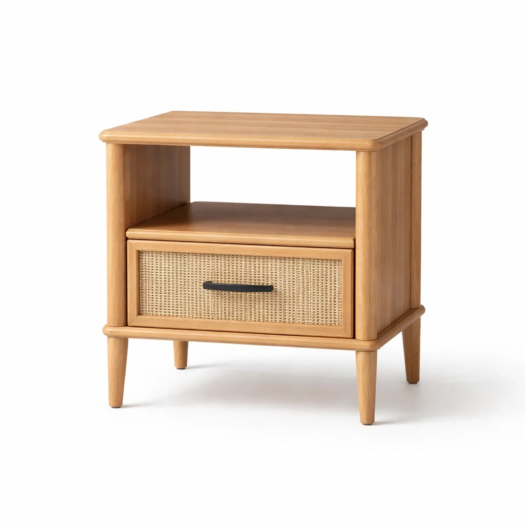 Comodino in Legno Massello e Rattan Naturale-NOOKLUXZ