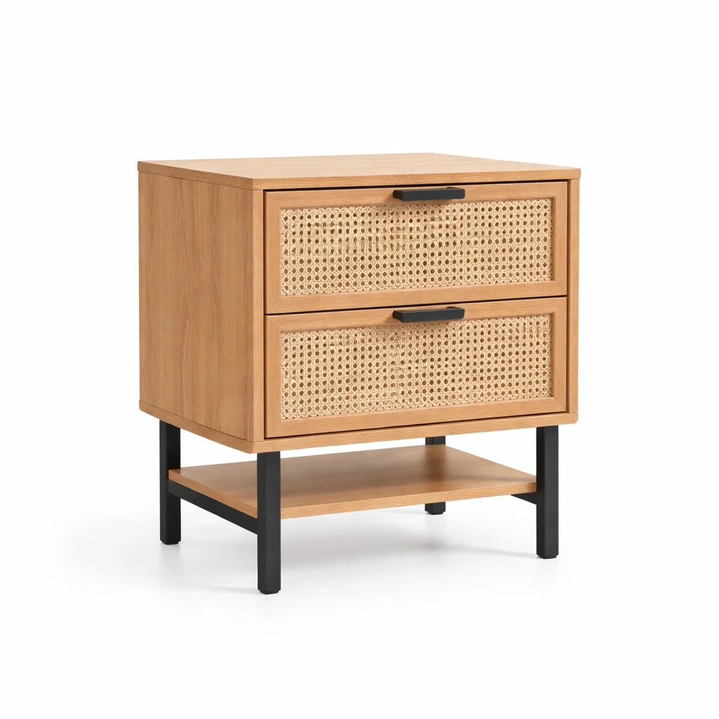 Comodino in Legno Massello con Cassetti in Rattan e Struttura Metallica-NOOKLUXZ