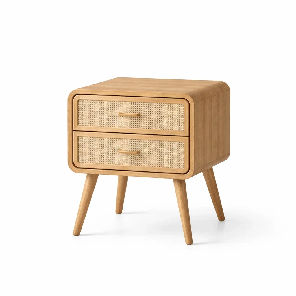 Comodino in Rovere e Rattan Naturale-NOOKLUXZ