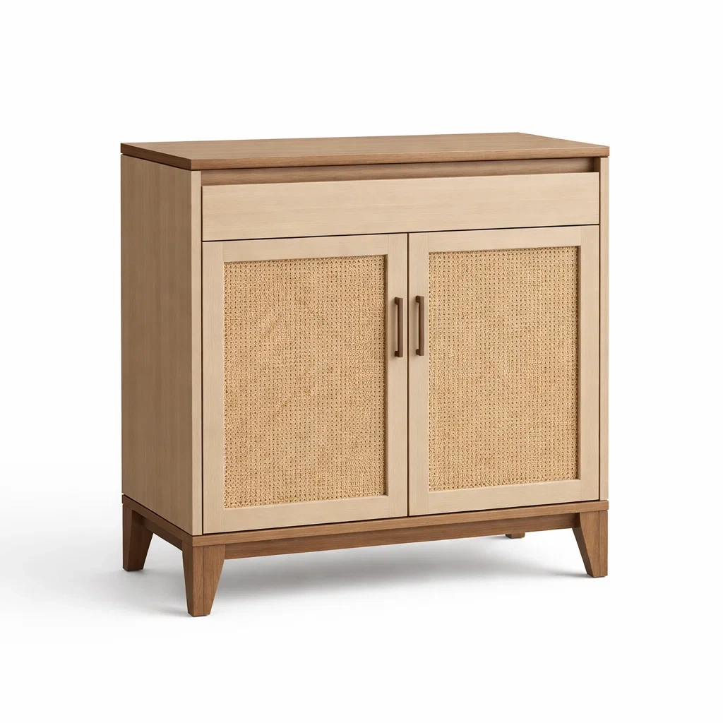 Credenza in Legno con Ante in Rattan Intrecciato Beige-NOOKLUXZ